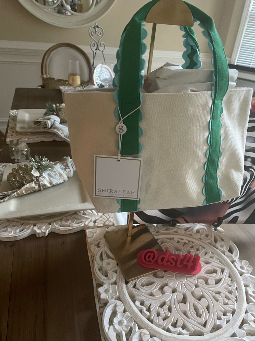 Shiraleah Cream Canvas Tote with Green Scalloped Handles